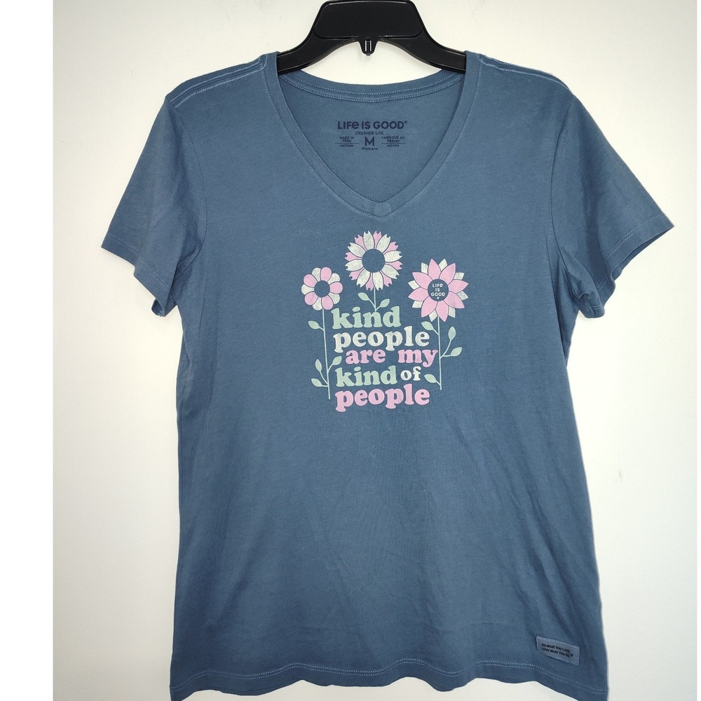 Life is Good Womens Blue Crusher Lite Kind People Floral V-Neck T-Shirt Size M